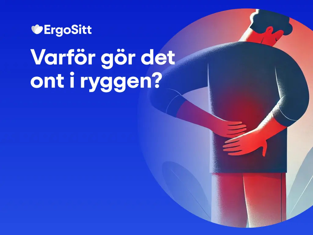 Illustration av en person med ryggsmärta som håller händerna på ländryggen, med texten 'Varför gör det ont i ryggen?' – ErgoSitt informerar om orsaker till ryggont vid stillasittande.