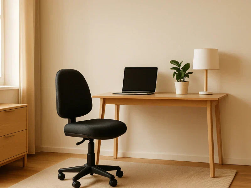 Man sedd bakifrån står framför ett tomt skrivbord i minimalistiskt hemmakontor med beige vägg.