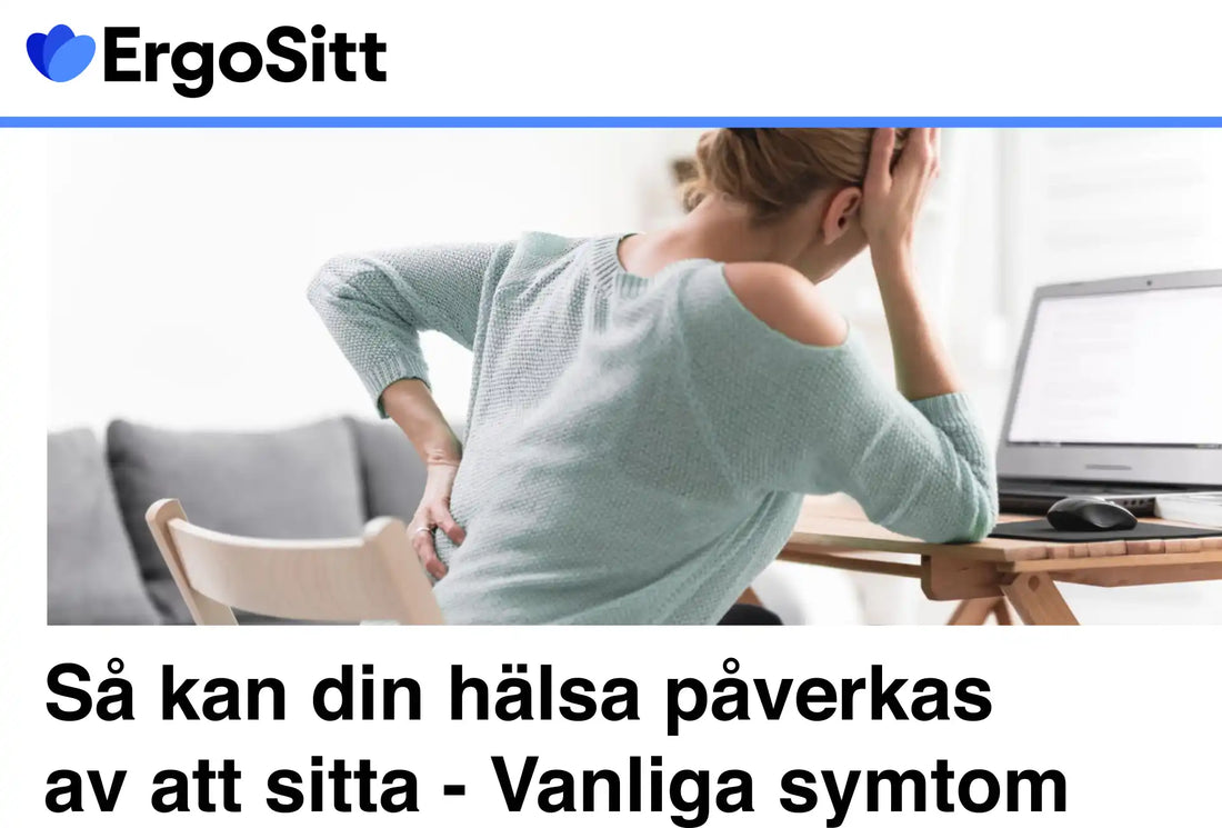 Kvinna med ryggsmärta vid skrivbord – påverkan av stillasittande på hälsan