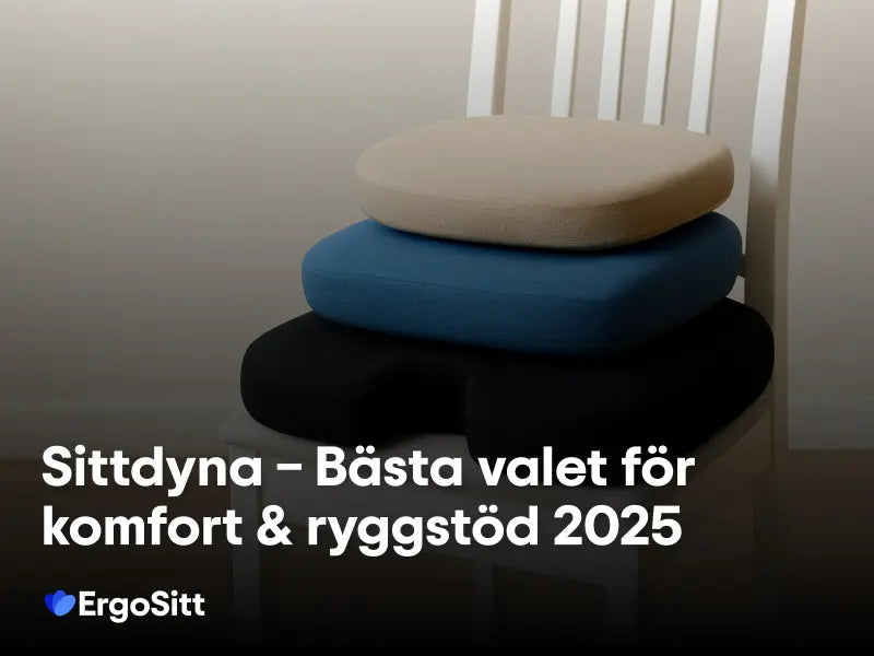 Tre olika ergonomiska sittdynor i varierande färg och form placerade på en stol
