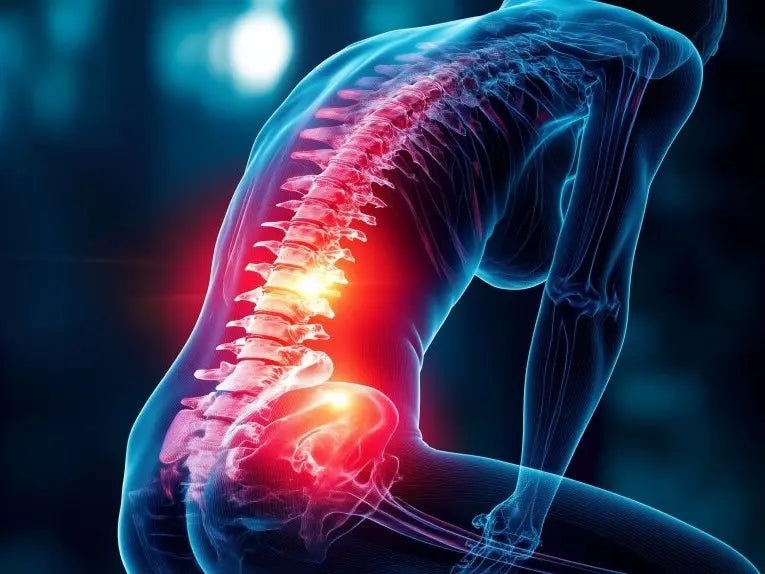 Illustration av en mänsklig ryggrad med markerad smärta i ländryggen. Bilden visar en röd ljuseffekt på nedre delen av ryggraden, vilket symboliserar smärta eller inflammation i ländryggsområdet.