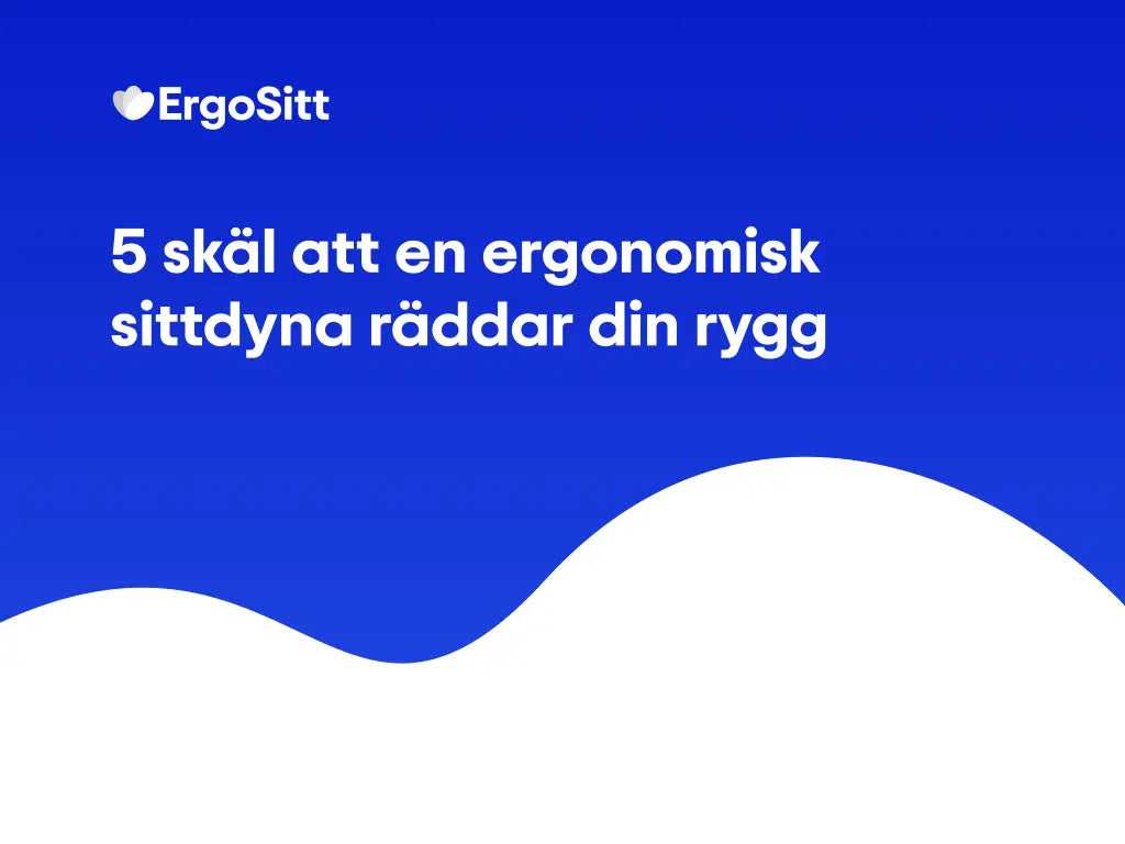 Blå och vit grafisk bild med texten '5 skäl att en ergonomisk sittdyna räddar din rygg' – ErgoSitt, ergonomisk sittdyna för bättre ryggstöd och sittkomfort.