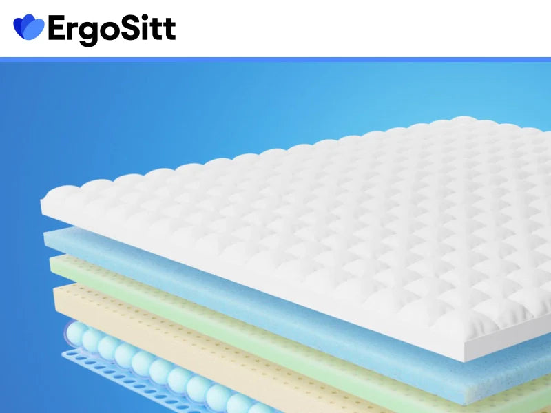 Genomskärning av en ergonomisk sittkudde i memory foam med flera lager för optimal komfort och stöd