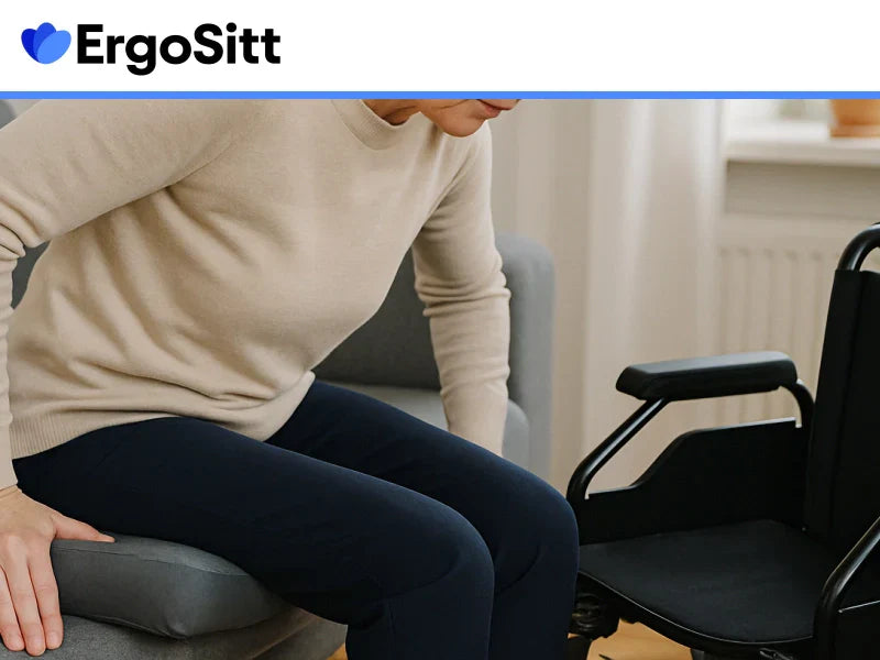 Kvinna som använder tryckavlastande sittdyna i hemmiljö för att förebygga trycksår vid långvarigt stillasittande i rullstol eller stol.