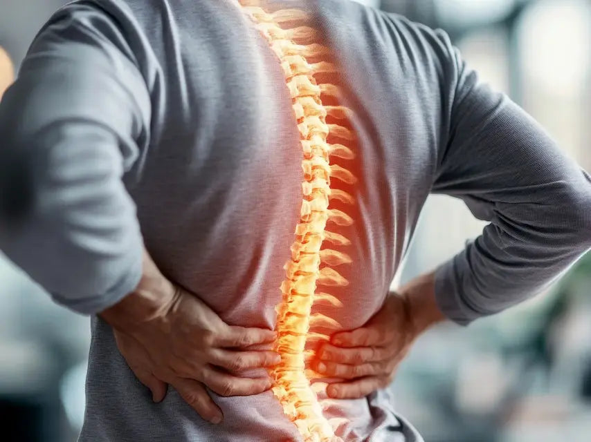 Illustration av en person med händerna på nedre delen av ryggen och en markerad ryggrad som lyser i rött, vilket symboliserar smärta eller obehag. Bilden framhäver ryggens struktur och tyder på ryggproblem eller inflammation i ländryggen.
