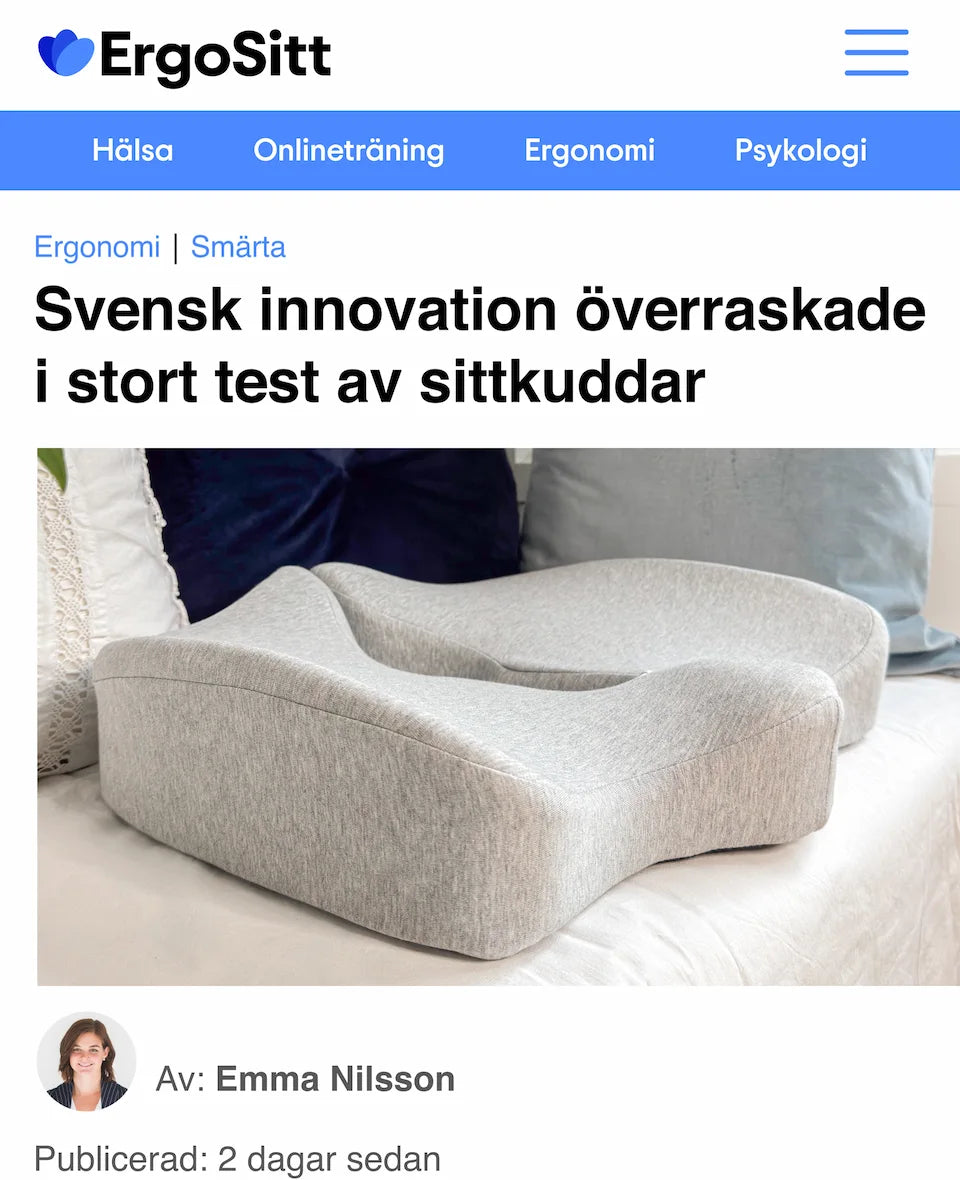 ErgoKudden – svensk ergonomisk sittkudde som utsågs till bäst i test 2025 för tryckavlastning och hållning, enligt tidningen Hälsa & Hjälpmedel.