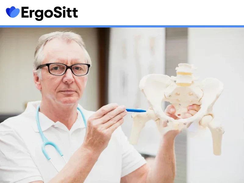 Läkare pekar på bäckenben för att förklara svanskotans smärta