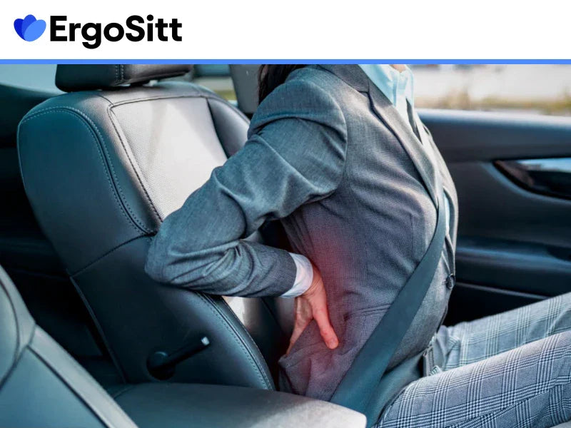 Kvinna med ryggont i bil – signal på fel sittställning och behov av ergonomiskt stöd