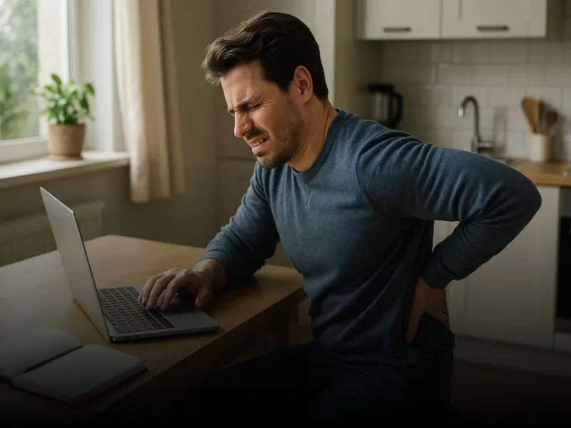 Man sitter vid köksbord med smärta i ländryggen och dålig hållning, typiskt exempel på ryggont vid arbete utan ergonomiskt stöd.