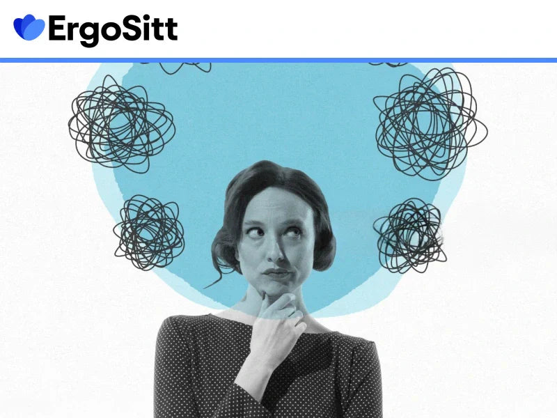 Kvinna som funderar med frågetecken runt sig – osäker på om en ergonomisk kudde fungerar