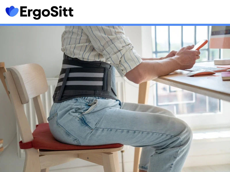 Man med ryggbälte sitter på ergonomisk sittdyna vid skrivbord – för att lindra smärta i svanskotan