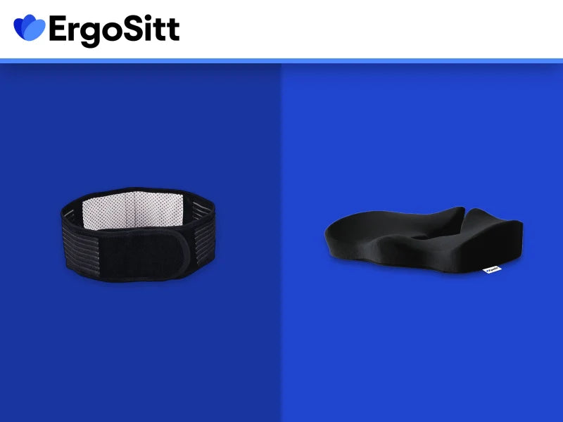 Visuell jämförelse mellan ryggbälte och ergonomisk sittkudde – två olika lösningar vid ländryggssmärta