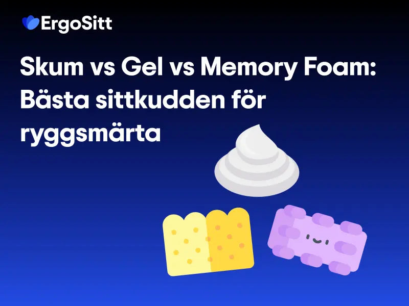 Illustration av skum-, gel- och memory foam-material med text: Skum vs Gel vs Memory Foam – Bästa sittkudden för ryggsmärta.