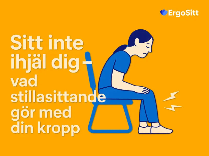 Illustration av effekterna av långvarigt stillasittande på kroppen, inklusive ryggproblem och nedsatt blodcirkulation
