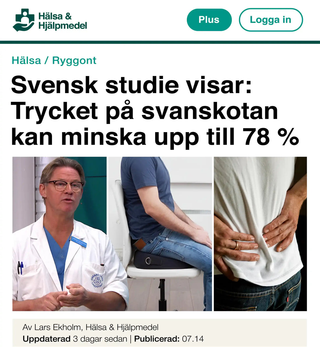 Illustration av svensk studie som visar hur ergonomiskt utformade sittkuddar minskar trycket på svanskotan med upp till 78 procent – Hälsa & Hjälpmedel 2025.