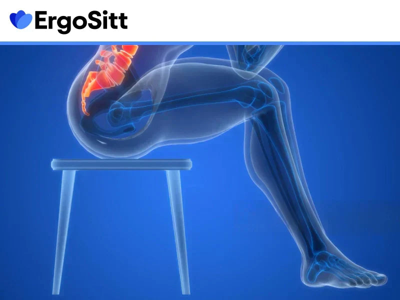 Tryck på svanskotan vid sittande – illustration som visar varför coccyx-smärta uppstår utan ergonomiskt stöd