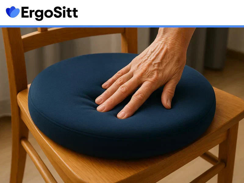 Äldre hand trycker på ergonomisk tryckavlastande sittkudde – ErgoKudden™ från Ergositt på trästol