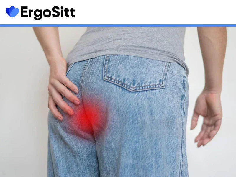 Kvinna i jeans håller sig för svanskotan – visar smärta och risk för trycksår vid stillasittande på känsligt område.