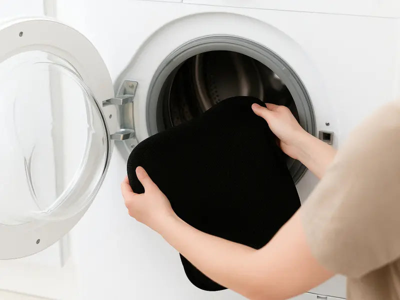 Person lägger ett svart sittkuddeöverdrag i en tvättmaskin med försiktighet. Endast händer och delar av ryggen syns. Fokus på ergonomisk vård av produkten.