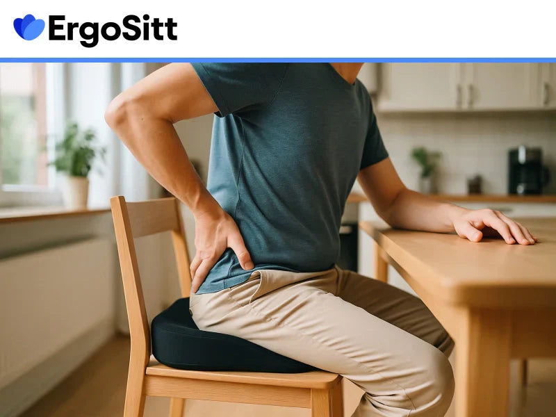 Man sitter på tryckavlastande sittdyna vid köksbord och håller sig för ryggen – visar behovet av stöd för att förebygga trycksår vid långvarigt sittande.