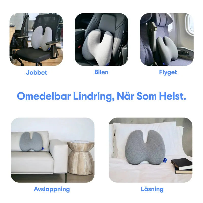 Ergonomisk ländryggskudde som används på jobbet, i bilen, på flyget, för avslappning och läsning för omedelbar lindring.