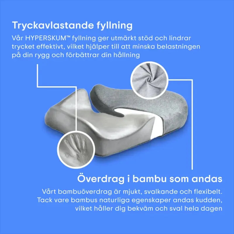 Tryckavlastande ergonomisk sittkudde med minnesskum, andningsbart tyg och stöd för svanskota, höft och lår.