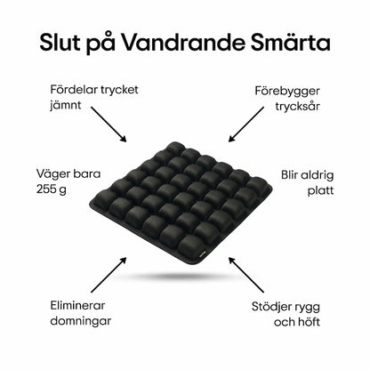 ErgoCell sittkudde med pilar som visar funktioner — fördelar trycket jämnt, förebygger trycksår, blir aldrig platt, stödjer rygg och höft, eliminerar domningar och väger bara 255 gram