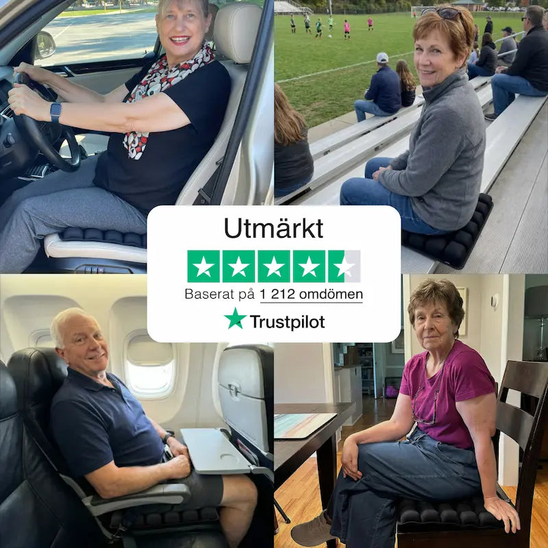 Nöjda kunder använder ErgoCell sittkudde i bil, på läktare, i flygplan och på köksstol — utmärkt betyg baserat på 1 212 Trustpilot-omdömen