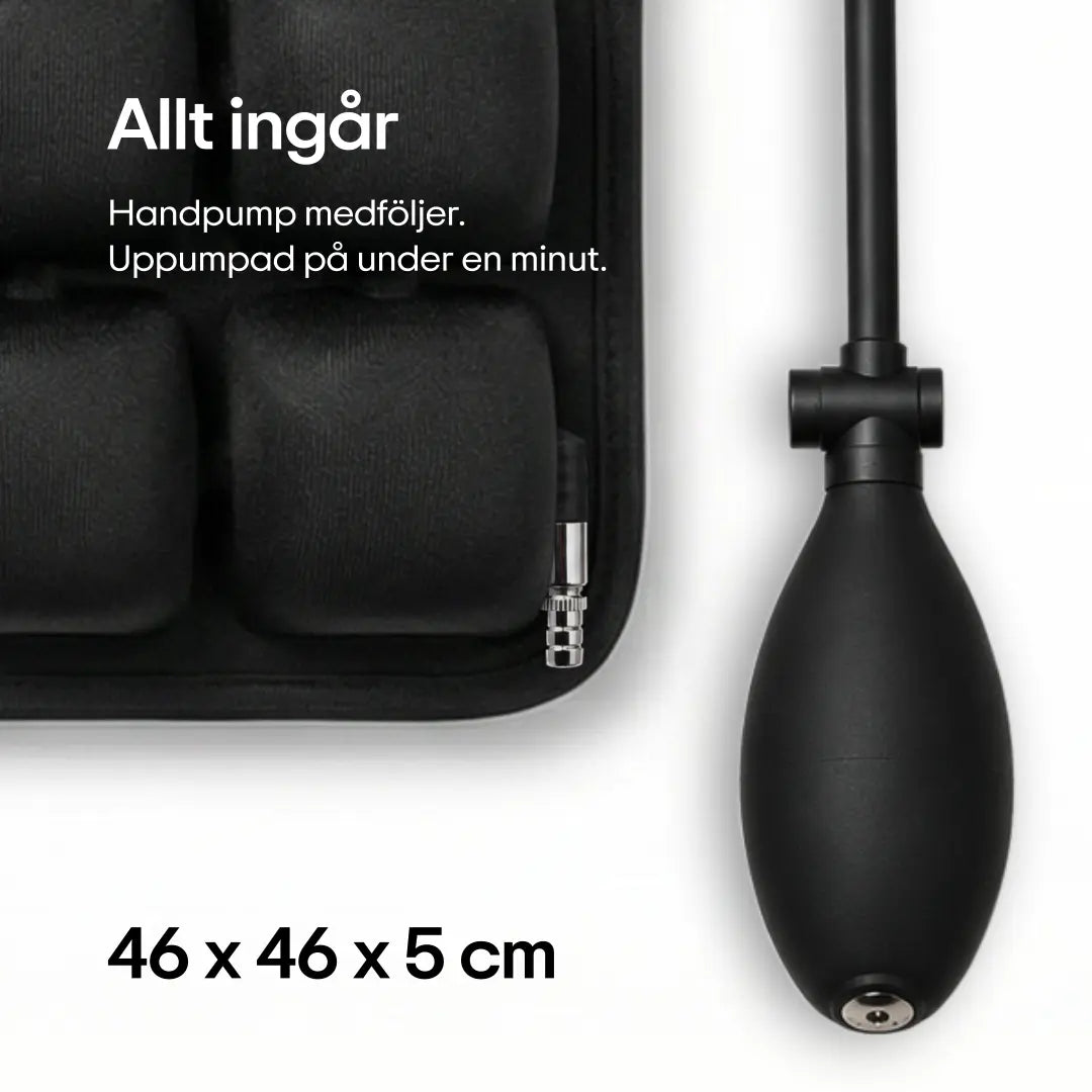 ErgoCell sittkudde i svart med luftventil och medföljande handpump - allt ingår, uppumpad på under en minut, 46 x 46 x 5 cm