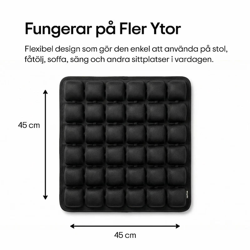 ErgoCell sittkudde med måttangivelse 45 x 45 cm — flexibel design som passar stol, fåtölj, soffa, säng och andra sittplatser i vardagen