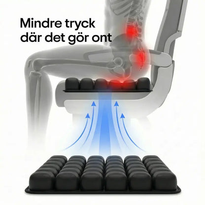 Illustration som visar hur ErgoCell sittkudde fördelar trycket bort från svanskota och sittben — cellstrukturen avlastar där det gör ont som mest