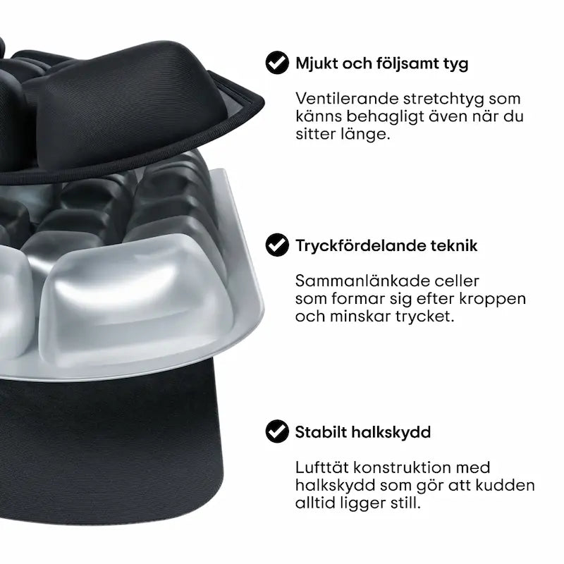 ErgoCell sittkudde i genomskärning som visar tre lager — mjukt ventilerande stretchtyg, tryckfördelande cellstruktur som formar sig efter kroppen och stabilt halkskydd på undersidan