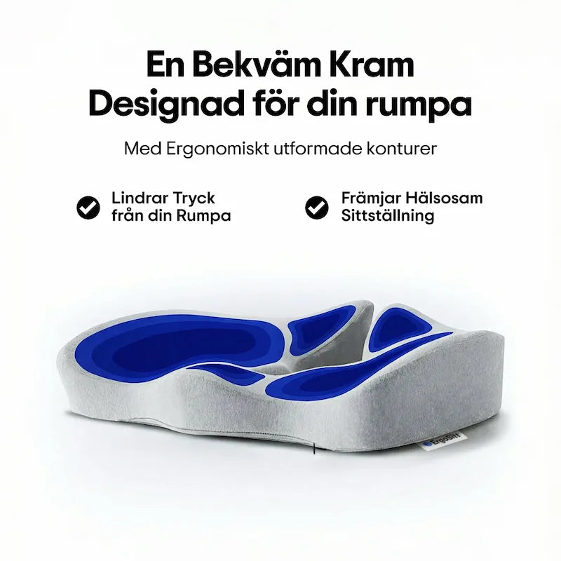 ErgoKudden ergonomisk sittkudde med blå konturkarta som visar tryckavlastande zoner — lindrar tryck och främjar hälsosam sittställning