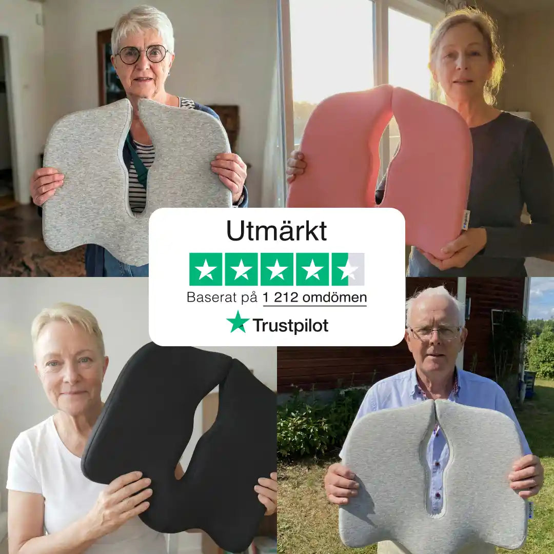 Fyra nöjda kunder visar upp ErgoKudden ergonomisk sittkudde i grått, svart och rosa — utmärkt betyg baserat på 1 212 Trustpilot-omdömen
