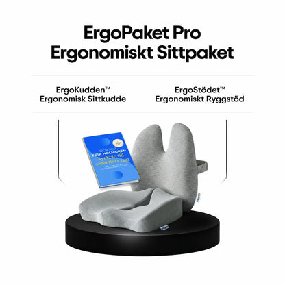 ErgoPaket Pro med ErgoKudden ergonomisk sittkudde, ErgoStödet ergonomiskt ryggstöd och gratis ebok Nyckeln till smärtfri rygg av Doktor Erik Holmgren — komplett ergonomiskt sittpaket