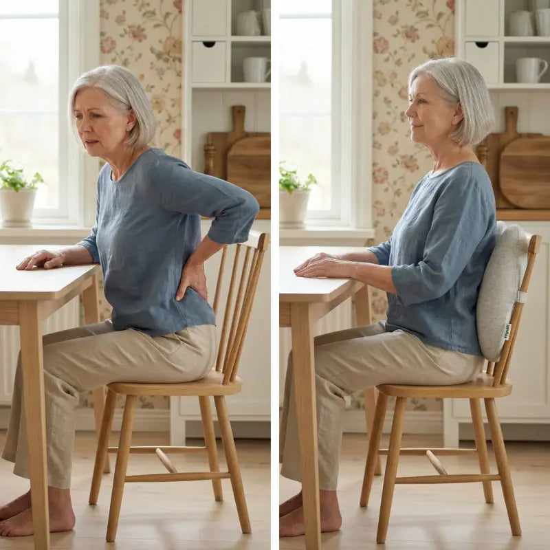 Före och efter-bild som visar äldre kvinna vid köksbord — utan stöd med krökt rygg och smärta, med ErgoStödet sitter hon rakare och avslappnad tack vare ländryggsstödet