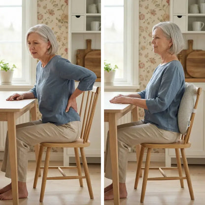 Före och efter-bild som visar äldre kvinna vid köksbord — utan stöd med krökt rygg och smärta, med ErgoStödet sitter hon rakare och avslappnad tack vare ländryggsstödet