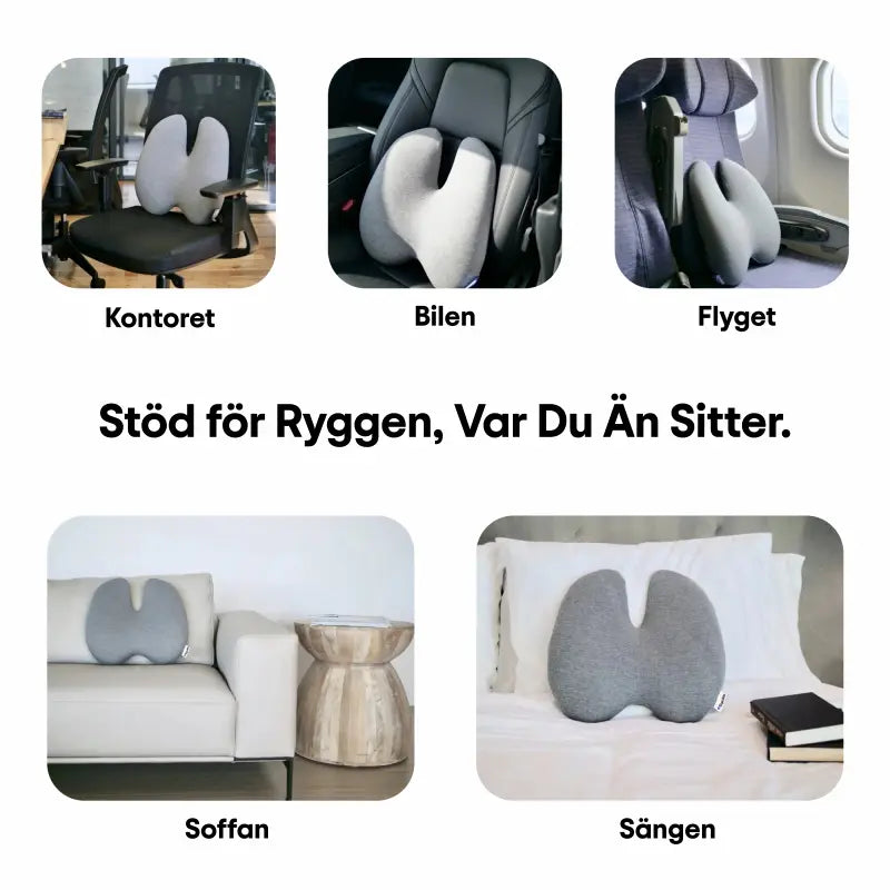 ErgoStödet ländryggskudde visad i fem olika miljöer — kontoret, bilen, flyget, soffan och sängen — stöd för ryggen var du än sitter