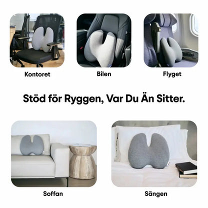 ErgoStödet ländryggskudde visad i fem olika miljöer — kontoret, bilen, flyget, soffan och sängen — stöd för ryggen var du än sitter