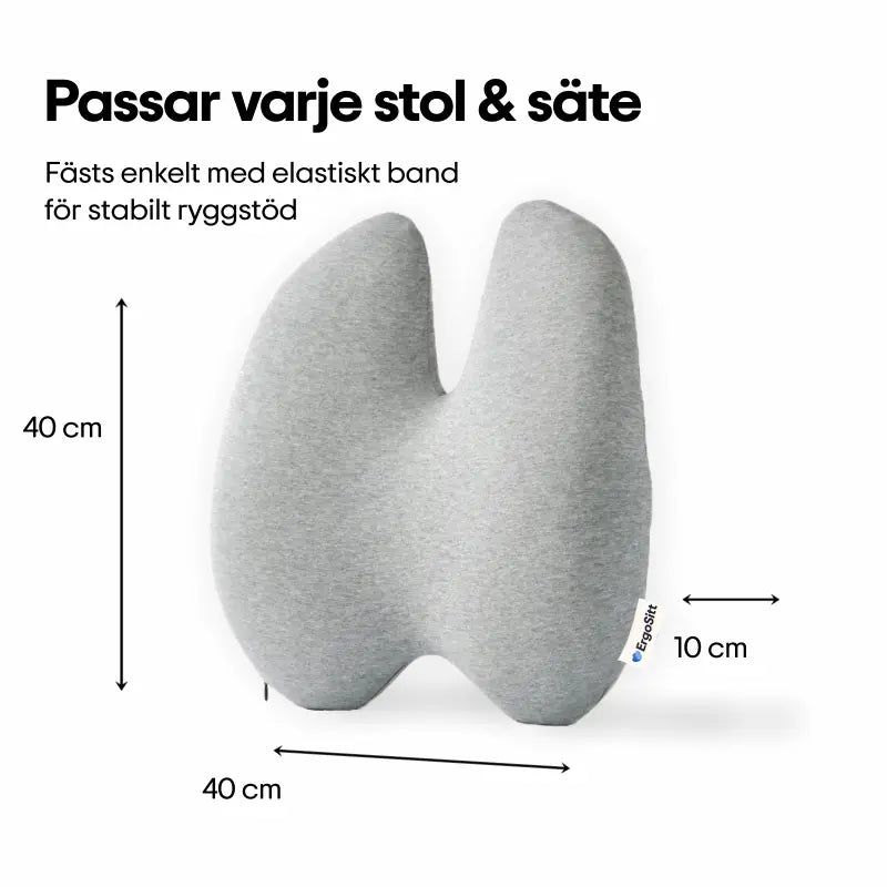 ErgoStödet ländryggskudde med måttangivelse 40 x 40 x 10 cm — fästs enkelt med elastiskt band och passar varje stol och säte