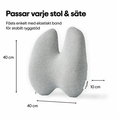 ErgoStödet ländryggskudde med måttangivelse 40 x 40 x 10 cm — fästs enkelt med elastiskt band och passar varje stol och säte